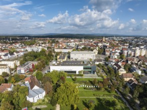 Aerial view of the town of Singen am Hohentwiel with the town hall, multi-purpose hall, event