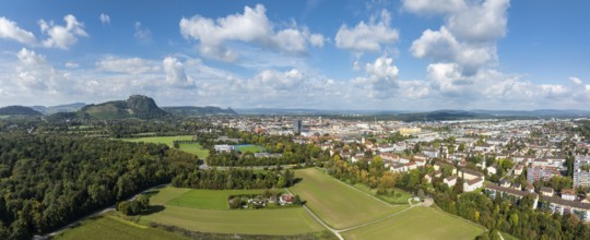 Aerial view, panorama of the town of Singen am Hohentwiel with the Münchriedstadion and