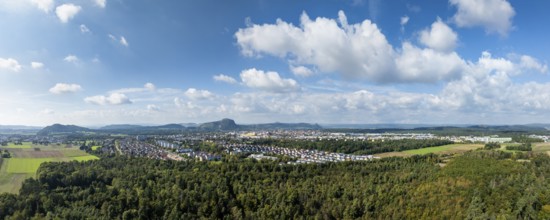 Aerial view, panorama of the town of Singen am Hohentwiel, on the horizon the Hegau mountains,