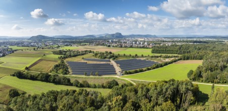 Aerial view, panorama, solar modules, solar park, photovoltaics, power generation from solar