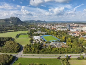 Aerial view of the town of Singen am Hohentwiel with the Münchriedstadion and Friedrich-Wöhler