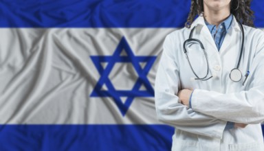 Medical professional on Israel flag. Healthcare and wellness in Israel, Concept