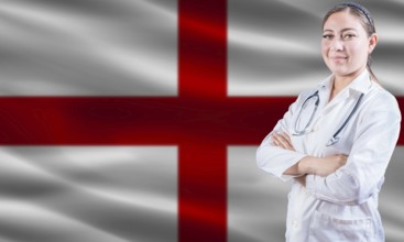 Female doctor on England flag. Doctor with crossed arms on England flag. England health and care