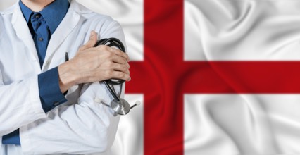 England healthcare concept. Doctor with stethoscope on England flag. Doctor holding stethoscope on