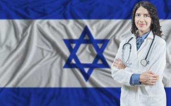 Israeli medicine and healthcare concept. Doctor close up against Israel flag background