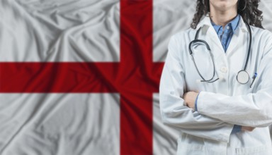 Medical professional on England flag. Healthcare and wellness in England, Concept