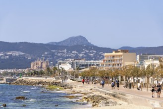 People walking on the promenade at the Mediterranean Sea with a cityscape view at Palma city a