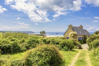 Idyllic old stone house with a seascape view at the sea horizon in a coastal landscape a sunny