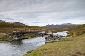 Old bridge over the river Grimse, Grimsdalen, Rondane, Dovre, Norway