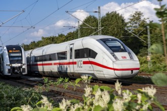 Train traffic on one of the busiest railway lines in Germany, ICE train between Duisburg and