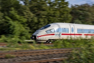 Train traffic on one of the busiest railway lines in Germany, ICE train between Duisburg and