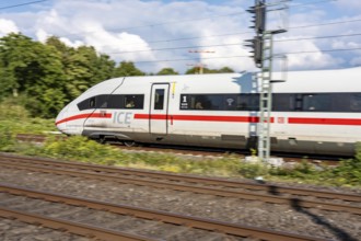Train traffic on one of the busiest railway lines in Germany, ICE train between Duisburg and