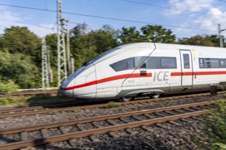 Train traffic on one of the busiest railway lines in Germany, ICE train between Duisburg and