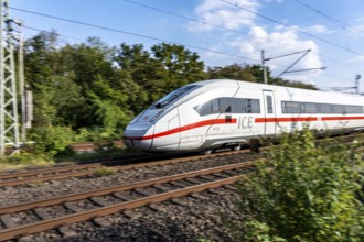 Train traffic on one of the busiest railway lines in Germany, ICE train between Duisburg and