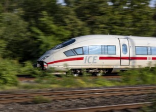 Train traffic on one of the busiest railway lines in Germany, ICE train between Duisburg and