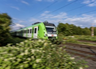 Train traffic on one of the busiest railway lines in Germany, regional traffic, S-Bahn S1, train