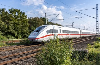 Train traffic on one of the busiest railway lines in Germany, ICE train between Duisburg and