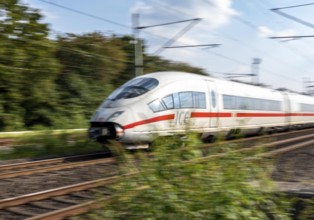 Train traffic on one of the busiest railway lines in Germany, ICE train between Duisburg and