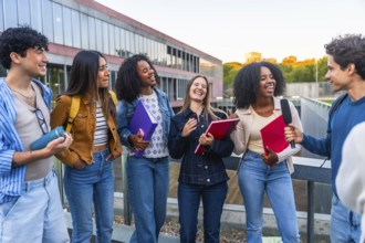 Group of happy young college students standing on a university campus getting interviewed by a