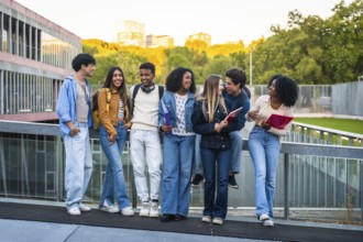 Group of young multicultural students standing together, chatting, and smiling happily after