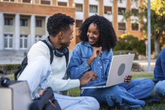 Young diverse students sitting on grass, using a laptop together and discussing ideas, reflecting