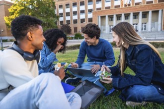 Group of diverse university students enjoying a refreshing outdoor lunch together on a grassy