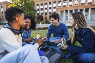 Group of happy young students smiling and laughing, sitting on grass having lunch and working with