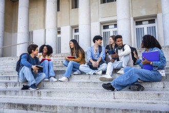 Diverse group of young students sitting on outdoor university stairs, actively communicating and