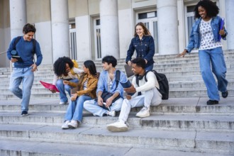 Diverse young students chatting, laughing and walking on wide stone campus steps by a university