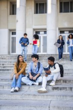 Diverse group of young adult students interacting and studying on the stone steps of a university