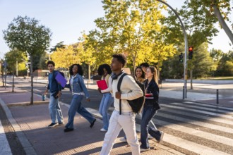 Multi ethnic group of university students walking across a campus crosswalk, smiling and chatting