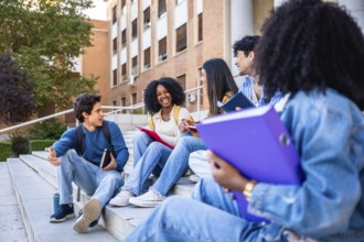 Diverse group of university students sitting on campus steps, smiling and chatting confidently,