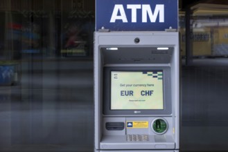 ATM machine euro against Swiss francs, Arosa, Graubünden, Switzerland