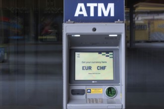 ATM machine euro against Swiss francs, Arosa, Graubünden, Switzerland