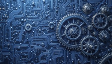 A close-up of a blue circuit board design with intricate details, combined with mechanical gears,