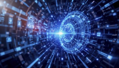 A vibrant digital tunnel with a bright light in the center, showcasing data flow and technological