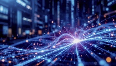 A vibrant image of a digital network, featuring glowing lines, particles, and a central bright