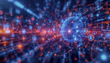 An abstract, high-tech illustration showcasing a complex network of interconnected data streams and