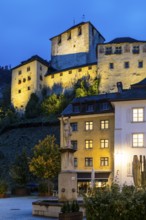 Historic houses, alley of houses with view of Schattenburg Castle, Blue Hour, Neustadt,