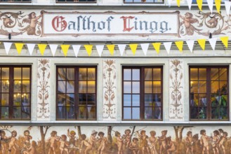 Lingg Inn, historic building, facade with painting, market square, Feldkirch, Vorarlberg, Austria