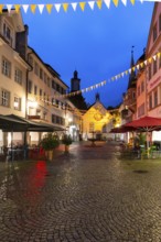 Historic houses, Häusergasse, fountain, sunshades, blue hour, St John's Church, market square,