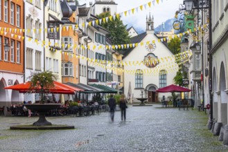 Market square, historic buildings, fountain, St John's Church, Feldkirch, Vorarlberg, Austria