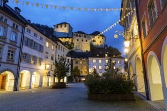 Historic houses, alley of houses with view of Schattenburg Castle, Blue Hour, Neustadt,