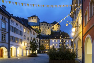 Historic houses, alley of houses with view of Schattenburg Castle, Blue Hour, Neustadt,