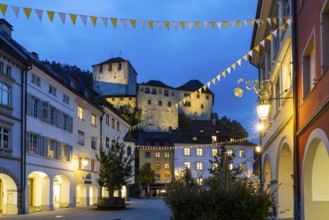 Historic houses, alley of houses with view of Schattenburg Castle, Blue Hour, Neustadt,
