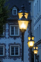 Historic lanterns, Blue Hour, St Nicholas Cathedral Parish, Feldkirch, Vorarlberg, Austria