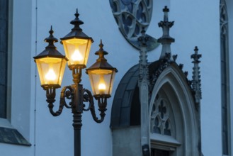 Historic lanterns, Blue Hour, Cathedral Parish Church, Feldkirch, Vorarlberg, Austria