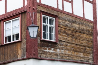 Half-timbered house, façade, historic lantern, Feldkirch, Vorarlberg, Austria