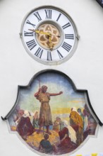 Façade, wall clock, Christian mural painting, St John's Church, market square, Feldkirch,