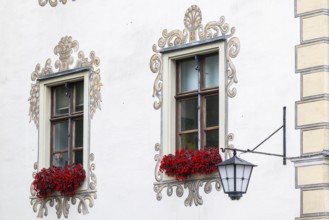 Palais Lichtenstein, historic building, facade with painting, historic lantern, Herrengasse,